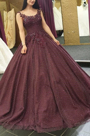 Burgundy Long Formal Ball Gown Prom Dresses With Lace Applique DMK52