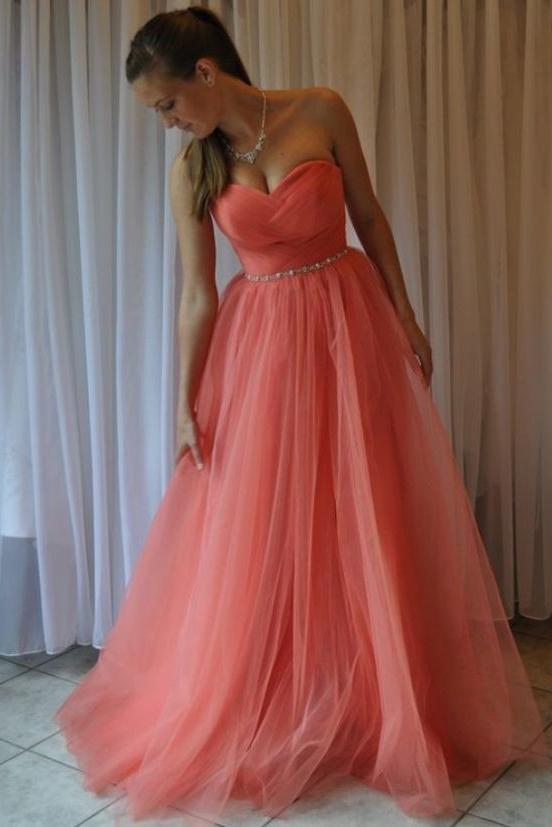 Charming Tulle Pleat Sweetheart Watermelon Prom Dress,Long A Line Evening Dress DMF59