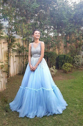 Sky Blue A Line Tulle V Neck Long Prom Gown,Sweet 16 Dress DMB25