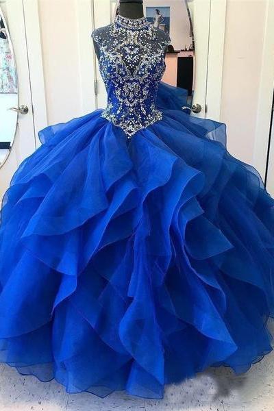 Royal Blue Organza High Neck Quinceanera Dresses Burgundy Beading Prom Dresses DMI22