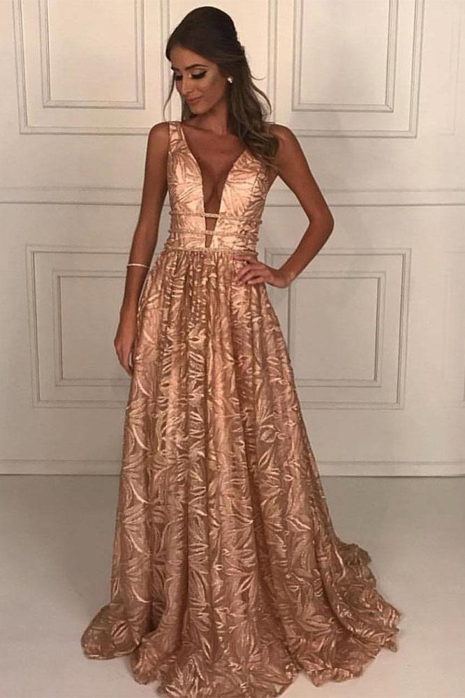 A-Line Deep V-Neck Floor-Length Lace Prom Dress with Beading DMK72