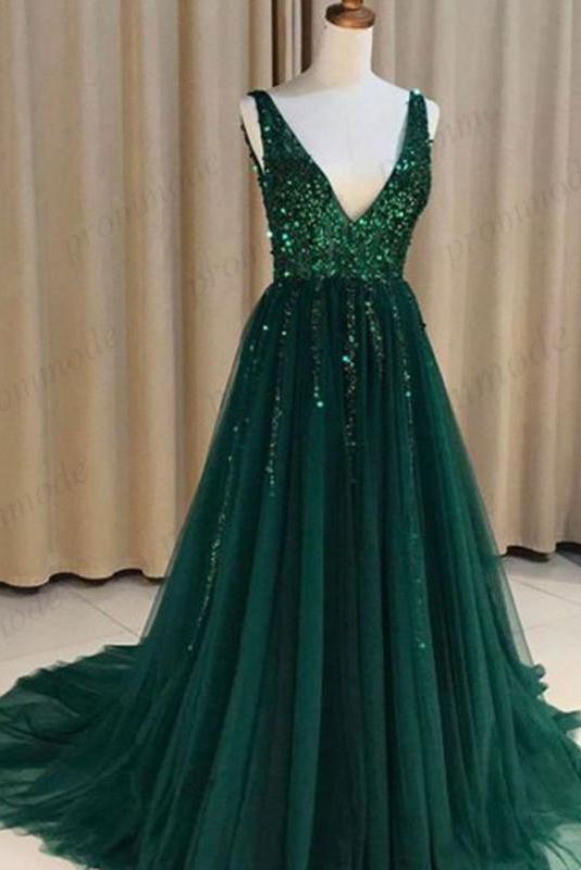 Sexy V-nevk V-back Green Tulle Evening Dresses,Cheap Long A Line Prom Dresses DMI54