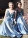 A-Line Spaghetti Straps Backless Blue Popular Prom Dress with Beading,Bridesmaid Dresses DMH53