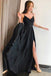 Stunning A-line Spaghetti Straps Long Black Prom Dress with Split DMJ63