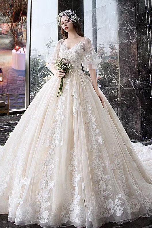 Charming Half Sleeves Ball Gown Wedding Dresses, Appliques V Neck Bridal Dress DMK2
