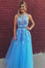 Exquisite Sky Blue Lace Appliques A-Line Long Prom Dresses Formal Evening Gowns DMP196