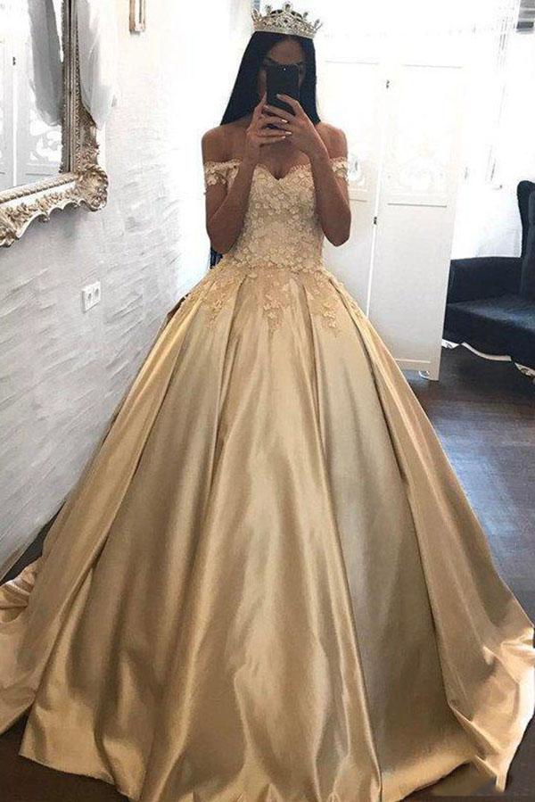 Off the Shoulder Appliques Ball Gown Cheap Prom Dresses DMH95