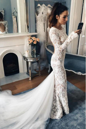 Mermaid Crew Long Sleeves Illusion Back Lace Wedding Dress DML15
