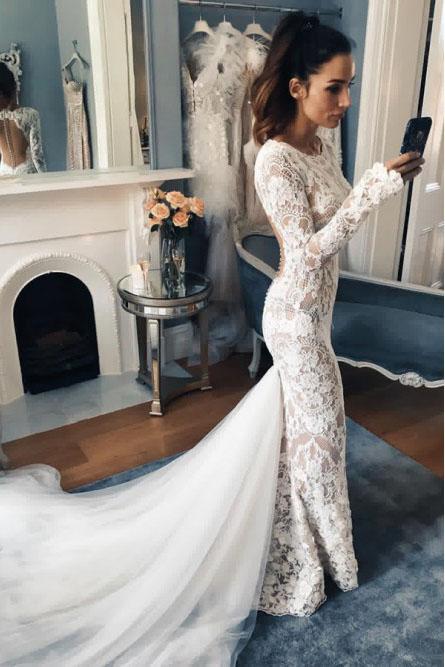 Mermaid Crew Long Sleeves Illusion Back Lace Wedding Dress DML15 Demodresses Mermaid Crew Long Sleeves Illusion Back Lace Wedding Dress DML15 Demodresses
