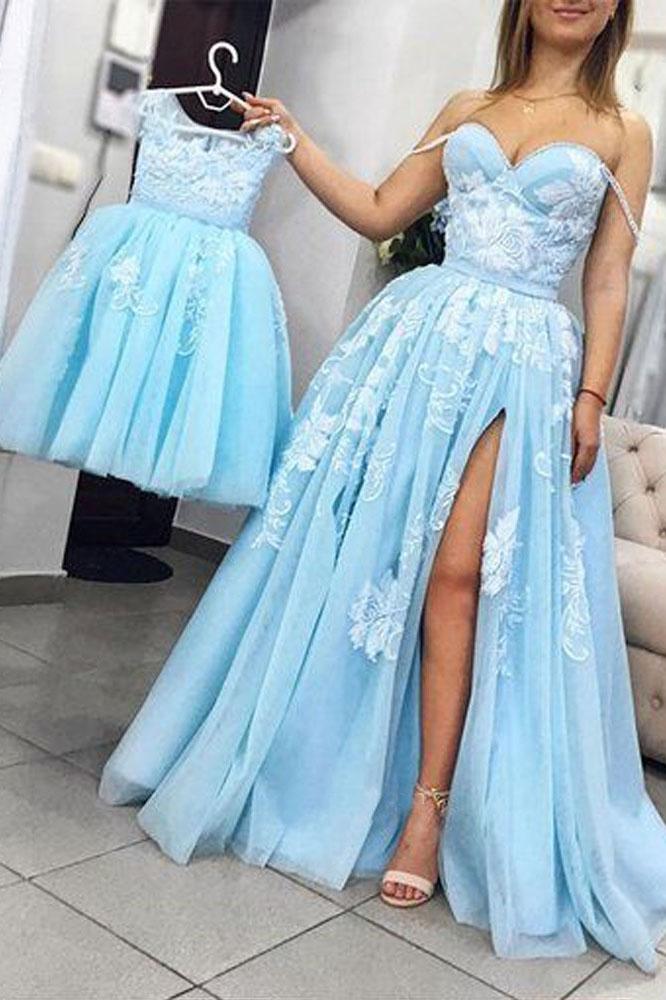 Charming Sweetheart Split Blue Lace Appliques Long Prom Dresses,Pretty Evening Dresses DMG18