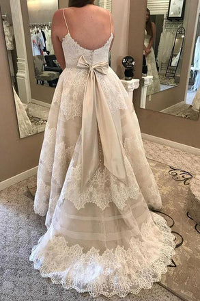 Ivory A-Line Spaghetti Straps Plus Size Wedding Dress with Lace Appliques DMF94