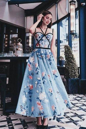 Chic Blue Floral Printed A Line Long Prom Dress Pretty Party Dress DMG19