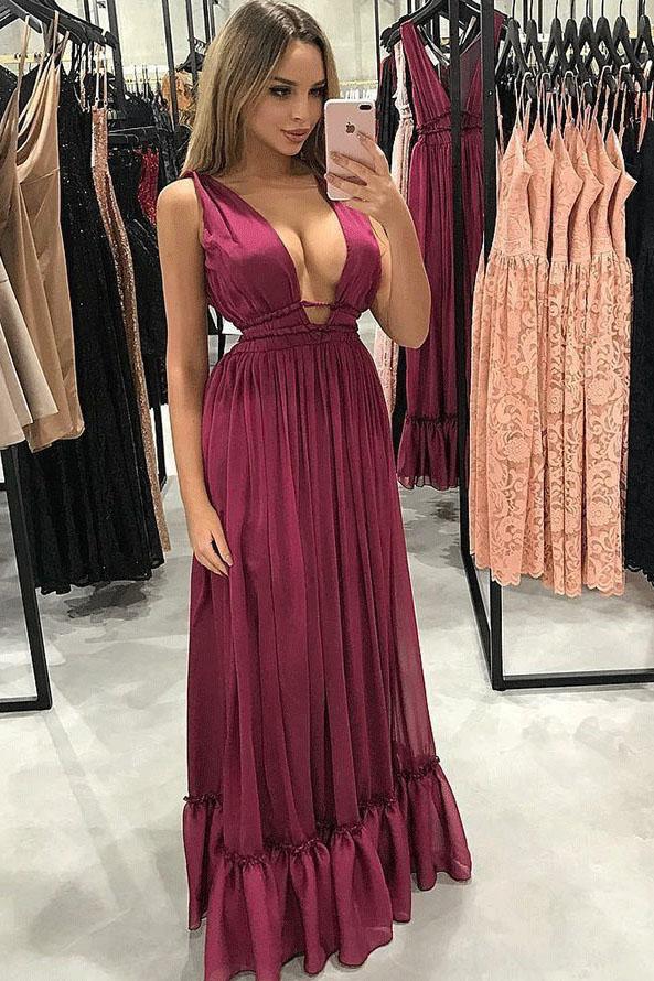 Sexy A-Line V-Neck Pleated Burgundy Chiffon Prom Party Dress DMF8