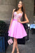 A-Line Spaghetti Straps Pink Satin Homecoming Dress with Appliques,Cheap Short Prom Dress OKC37