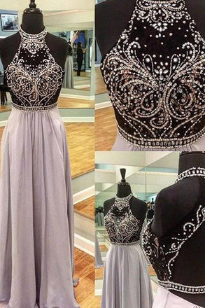 Charming Chiffon Sequins Beading Halter Backless Prom Evening Dress DM134