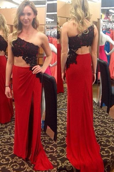 Black Lace One Shoulder Red Sexy Prom Dress,Long Party Dresses DME54