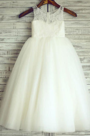 A-Line Round Neck White Tulle Flower Girl Dress with Lace DMP25