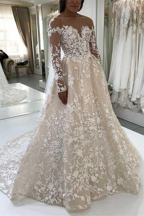 Elegant A-Line Illusion Beteau Long Sleeves Ivory Lace Wedding Dress DMB60