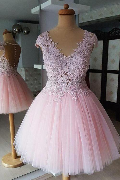 Pink V Neck Lace Appliques Homecoming Dress, A-Line Short Prom Dress DMO69