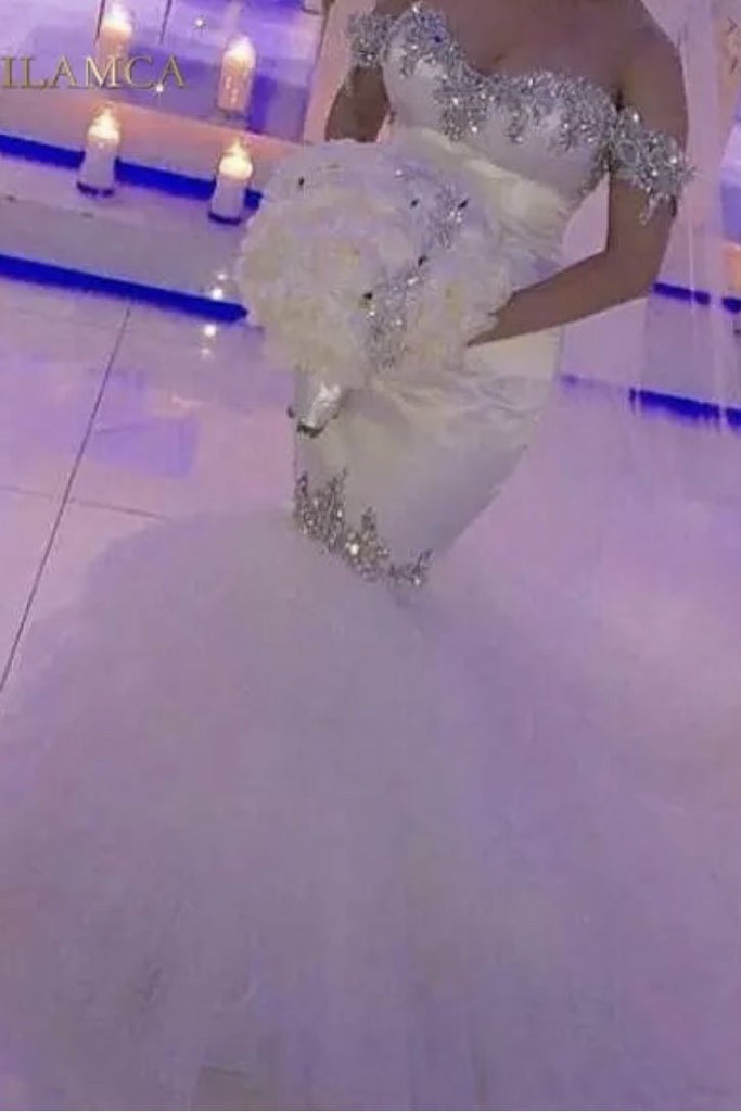Elegant Mermaid Off the Shoulder Wedding Dress with Beads DMM33