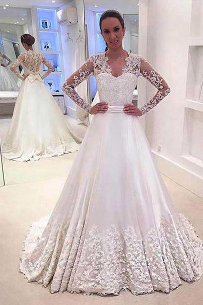 White Wedding Dresses,A Line Wedding Dress,V Neck Wedding Gown,Long Sleeves Wedding Dresses,Appliques Wedding Gown