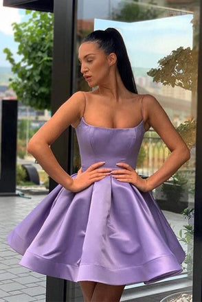 Simple Purple A-line Satin Short Homecoming Dress Spaghetti Straps Short Prom Dresses DM1031