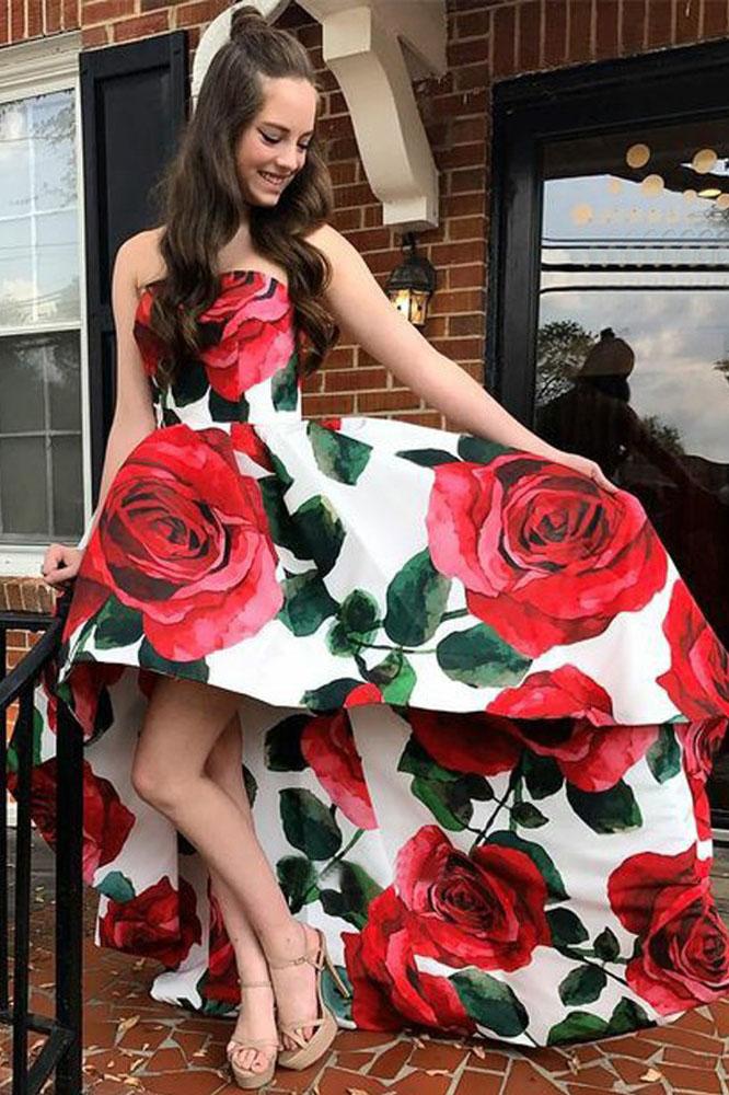 Unique Strapless Floral Satin High low Long Prom Dresses with Pockets, DMM68