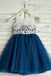 A-Line Round Neck Navy Blue Tulle Flower Girl Dress with Lace DMP18