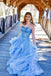 Charming Strapless Blue Ruffles Long Prom Dress with Appliques DML9
