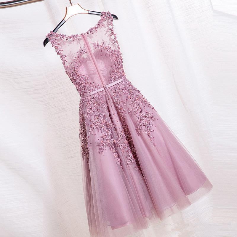Elegant Lace Appliques Beaded A-line See Through Tea Length Homecoming Dresses DMC10