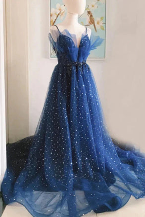 Unique V Neck Beaded Blue Long Prom Dresses, Formal Evening Dresses DMP333