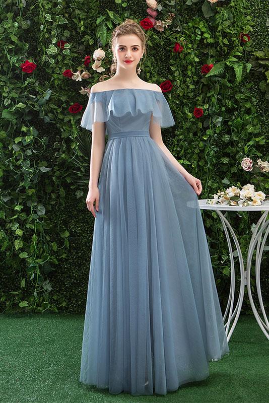 A Line CHiffon Blue Off the Shoulder Prom Dress, Long Ruffles Bridesmaid Dresses DMQ79