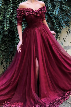 Burgundy Off the Shoulder Maroon A Line Long Tulle Pom Dresses 2019 DMG91