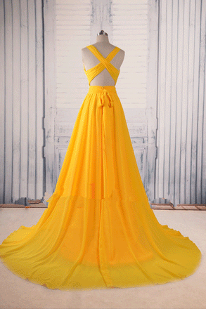 Yellow A Line V Neck Criss Cross Back Chiffon Long Prom Dress DMB58