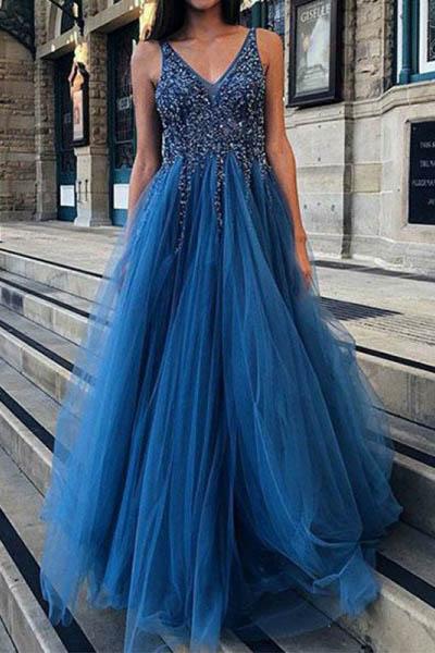 Cheap A Line Tulle Blue V Neck Beaded Long Prom Dresses DMH24