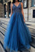 Cheap A Line Tulle Blue V Neck Beaded Long Prom Dresses DMH24