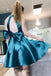 Simple Two Piece Short Dark Teal Satin A Line Homecoming Dress with Bow DMC26