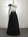 A-Line One-Shoulder Black Long Lace Appliqued Split Prom Dress with Pockets DMJ11