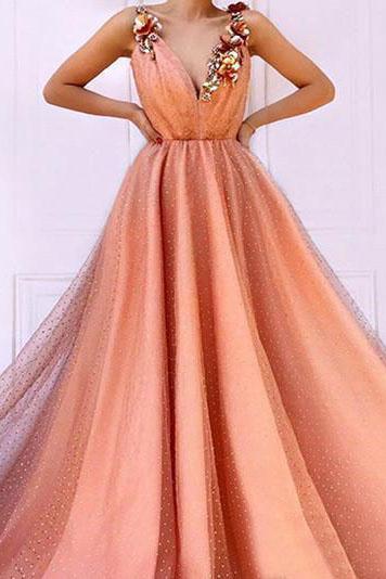 Orange 3D Flowers Long Prom Dresses V-neck Tulle Evening Dress DMO85