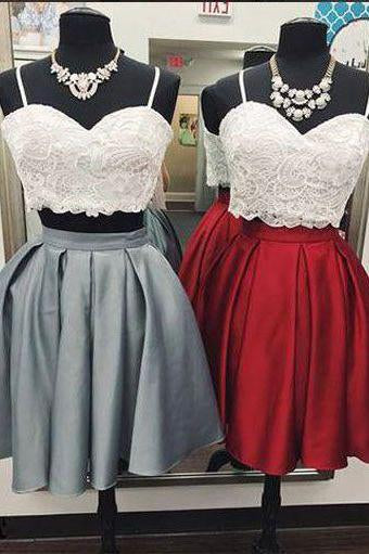 Sexy Two Piece Gray Burgundy Short Homecoming Dresses With Lace Top DMO77