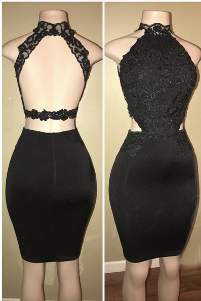 Black Lace Short Prom Dress, Tight Sexy Homecoming Dresses DMD79