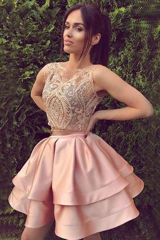 Cute round neck lace short a line pink homecoming dresses, sweet 16 dress DM225