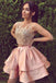 Cute round neck lace short a line pink homecoming dresses, sweet 16 dress DM225