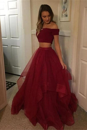 Cheap 2 Pieces Simple Long Burgundy A Line Off The Shoulder Prom Dresses DME62