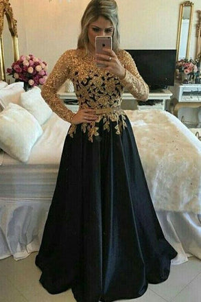 Modest Black And Gold Long A-line Long Sleeves Lace Prom Gowns,Evening Dresses DMF14
