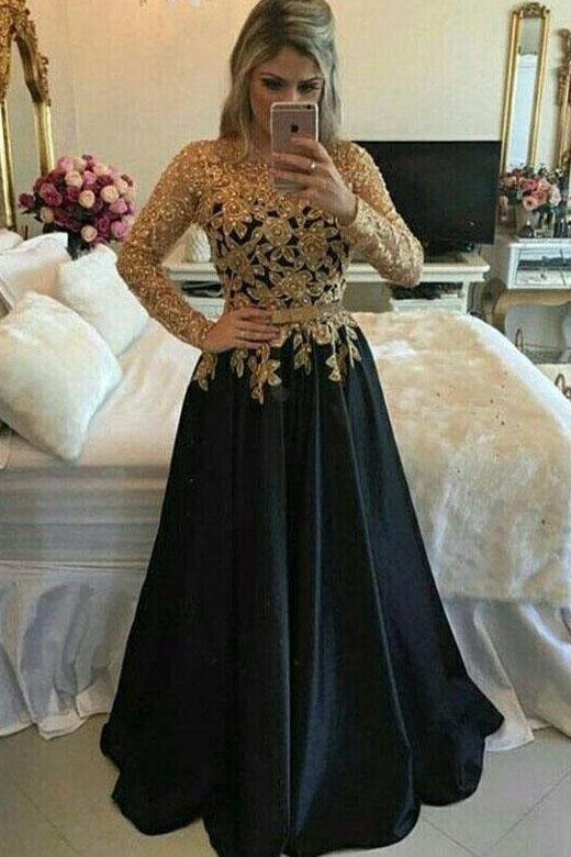 Modest Black And Gold Long A-line Long Sleeves Lace Prom Gowns,Evening Dresses OKF14 Demodresses Modest Black And Gold Long A-line Long Sleeves Lace Prom Gowns,Evening Dresses OKF14 Demodresses