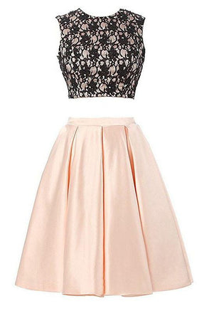 Two Pieces A-line Black Lace Satin Short/Mini Open Back Homecoming Dresses DM229