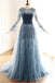 Blue Gray Lace Long Sleeves Tulle Formal Prom Dresses A Line Evening Dresses DMP191