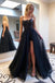A-Line Black Long Prom Dresses with Sequins, Spaghetti Straps Tulle Evening Dress DMP199