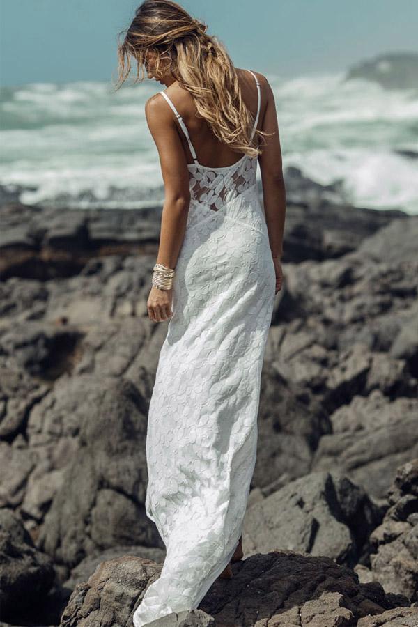 Summer Long Sheath Spaghetti Straps Lace Backless Beach Wedding Dress Demodresses Summer Long Sheath Spaghetti Straps Lace Backless Beach Wedding Dress Demodresses